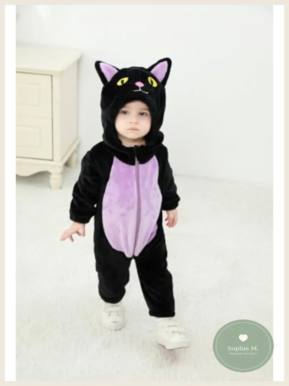 Toddler Black Cat Costume Halloween Outfit Long Sleeve Hooded Jumpsuit Polyester